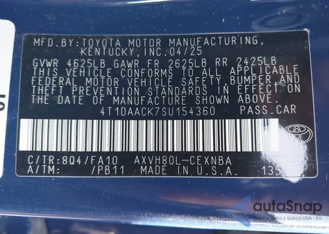 2025 Toyota Camry Le из США, поврежденный, VIN 4T1DAACK7SU154360